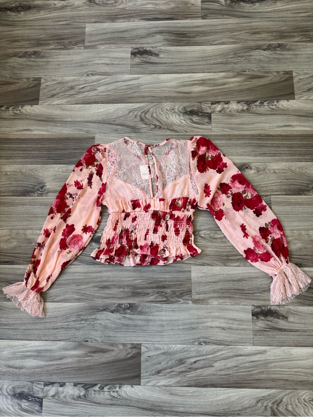 NWT Free People Daphne Blouse in Romantic Combo Lace Yoke Puff Sleeve Size Med - Picture 10 of 12